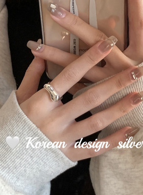 韩国ins风个性简约银饰品 S925纯银不规则光面级感戒指开口调节
