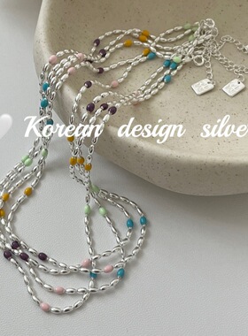 韩国亮银简约项饰品 S925纯银七彩滴胶橄榄项链 小众设计锁骨链女