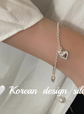 韩版ins风小众设计银饰品 S925纯银珍珠爱心手链叠戴百搭高级感女