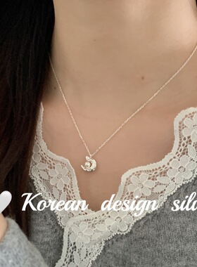 日系韩版简约ins风银饰品 S925纯银肌理感月亮珍珠项链项链锁骨