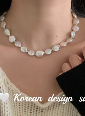 韩版小众简约设计 饰品扁巴洛克珍珠拼接项链叠戴ins风高级