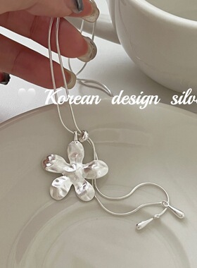 韩国简约设计银饰 S925纯银拉丝花花水滴可调节抽拉项链ins毛衣