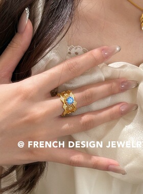 法式高级感开口指环 S925纯银 布契风拉丝镂空非天然海蓝宝戒指