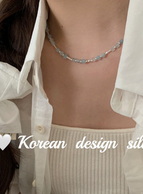 日韩ins网红银饰品 925纯银切面海蓝宝车花管项链简约小众高级感