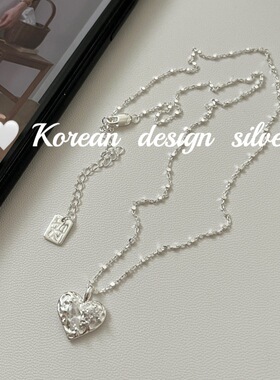 韩国ins风简约小众设计饰品 S925纯银肌理感爱心闪闪项链气质