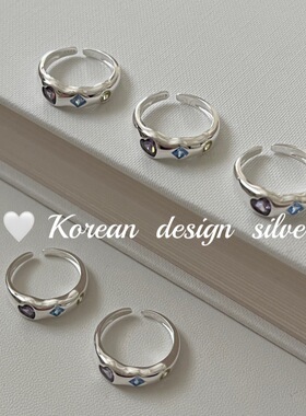 韩国ins博主同款戒指 S925纯银彩色宝石爱心锆石戒指高级感精致