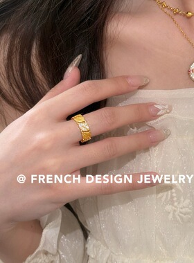 法式高级感布契风拉丝指环 S925纯银 叶子锆石戒指优雅开口食指