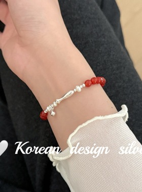 韩版ins风小众手工饰品 S925纯银立体小鱼红玛瑙珍珠手链显白叠戴