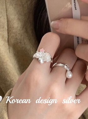 日系韩版小众设计感指环 S925纯银花朵澳宝戒指 叠戴开口ins风女