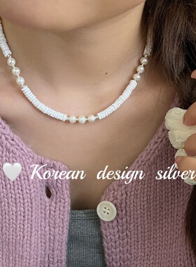 韩国ins秋冬手工锁骨链 S925纯银海西贝壳天然珍珠项链 叠戴小众
