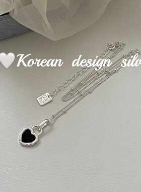 韩国ins风小众高级感银饰品 S925纯银黑玛瑙爱心项链百搭款锁骨