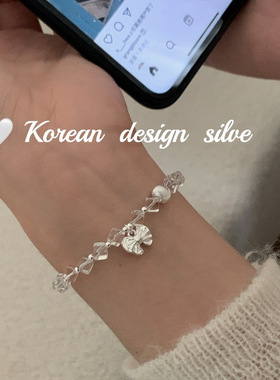 韩国简约手工银饰品 S925纯银蝴蝶结方形水晶手链女叠戴小众ins风