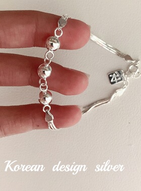韩国小众设计银饰 S925纯银三颗圆珠三线盒子手链 叠戴女款ins风