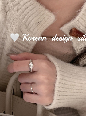 韩国东大门简约银饰品 S925纯银凸面圆方形光面戒指开口指环女Ins
