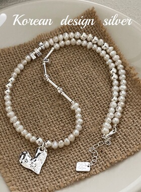 韩国ins手工制作饰品 S925纯银天然淡水珍珠肌理爱心形项链 秋冬