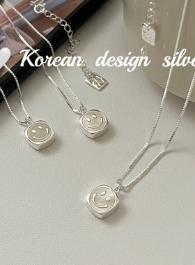 韩版小清新饰品 S925纯银白色贝壳笑脸项链 简约日系叠戴锁骨链女