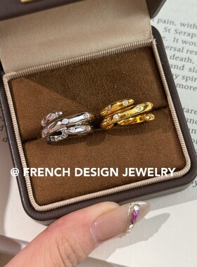 法式轻奢高级感不规则线条镶钻戒指S925纯银小众设计百搭气质