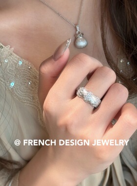 法式拉丝布契风手工拉丝指环S925纯银  拉丝织纹锆石戒指华丽轻奢