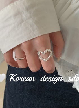 韩版2025秋冬新款轻奢指环S925纯银爆闪镂空爱心锆石拼接戒指