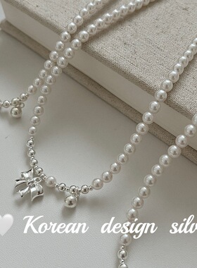 韩国ins风银饰品 S925纯银珍珠蝴蝶结珠珠项链小众高级感