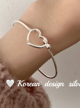 韩国ins博主同款春夏新款银饰 S925纯银镂空爱心形手镯亮银女手环