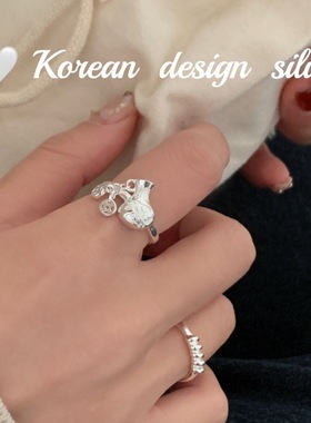 韩国亮银轻奢饰品 S925纯银开口精巧铜钱福袋戒指可调节时尚女指