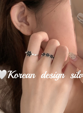 韩国东大门高级感小众银饰 S925纯银 韩版梅花滴胶戒指 叠戴开口