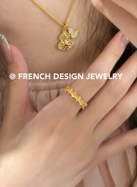 高级感法式布契风拉丝镶钻戒指S925纯银开口简约小众轻奢叠