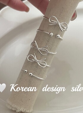 韩国Ins风小众银饰品 S925纯银简约丝带蝴蝶结开口可调戒指女