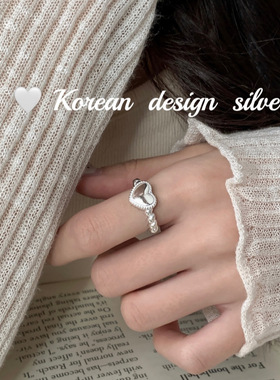 韩国ins博主推荐指环 S925纯银重工爱心形麻花扭线亮银戒指开口女