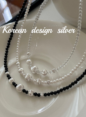 韩国设计银饰品S925纯银车花珠圆珠项链叠戴气质秋冬毛衣链女