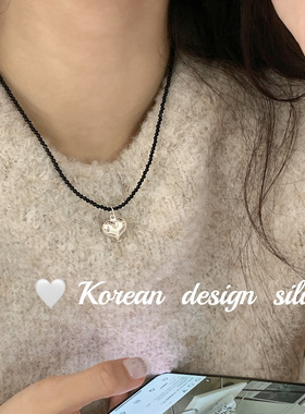 韩国ins风简约手工饰品 S925纯银爱心黑玛瑙项链叠戴秋冬高级感女