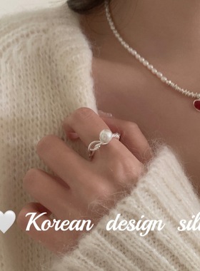 韩国ins风秋冬新款银饰 S925纯银施华洛珍珠麻花缠绕戒指高级感女