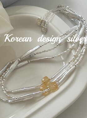 韩国ins小众设计银饰品 S925纯银方形巴洛克珍珠金发晶项链高级感