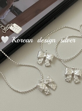 韩国东大门小众设计饰品S925纯银华夫格蝴蝶结项链甜美清新