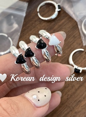 韩国小众设计高级感饰品 S925纯银黑玛瑙爱心形开口戒指女生