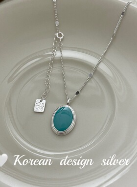 韩国东大门ins饰品批发 S925纯银椭圆形蓝色滴胶项链 亮银锁骨链