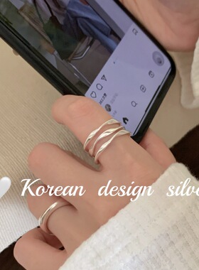 韩系性冷淡风小众设计银饰品 S925纯银极简三层波浪戒指高级感女