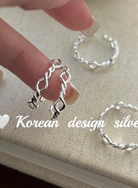 韩国个性冷淡风银饰品S925纯银椭圆镂空麻花拼接戒指经典叠戴百搭