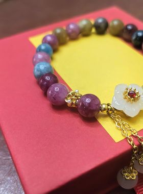 新款桃花天然石彩色碧玺手链女小众设计新中式福牌流苏吊坠手串