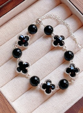 仿天然水晶仿绿发晶黑曜石四叶草手链女梦幻仙境个性设计小众手饰