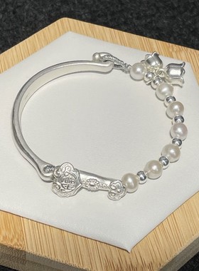 新款网红古风如意铃兰花珍珠银色半镯手链和田玉手镯送女友闺蜜