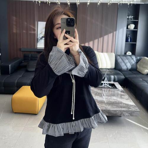 设计感木耳边 大码女装胖mm2025年秋装冬装新款长袖打底衫t恤上衣 - 图2