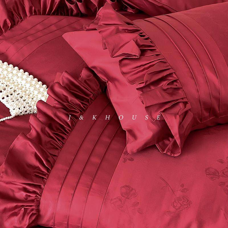 Girlish | 法式婚庆全棉贡缎四件套纯棉提花被套红色结婚床上用品,淘宝优惠券,粉丝福利购,淘宝优惠卷