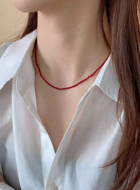 s925银天然黑色尖晶石锁骨链项链白水晶女颈链红尖晶项圈颈圈饰品