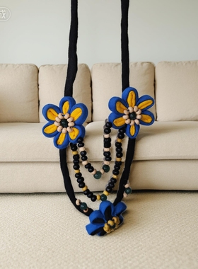 原创复古项链苗族气质项链民族风刺绣花朵项链铃铛毛衣链脖链饰品