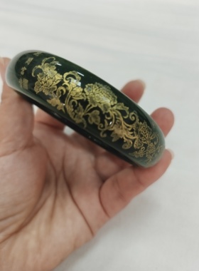 和田色手镯玉石鎏金龙凤玉镯子菠菜绿描金手镯雕花富贵旺夫玉镯子