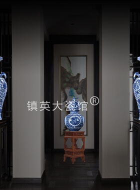 青花象耳花瓶公司客厅中式摆件
