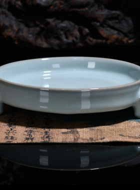汝窑天青釉三足水洗果盘茶点盘