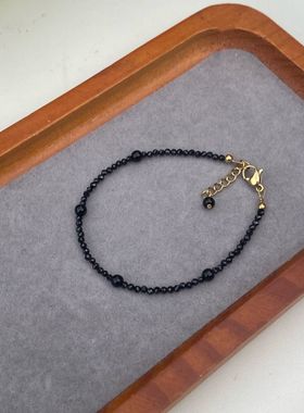 黑色手链2mm锆石手串极细精致配饰黑曜石亮小众轻奢钛钢原创2025